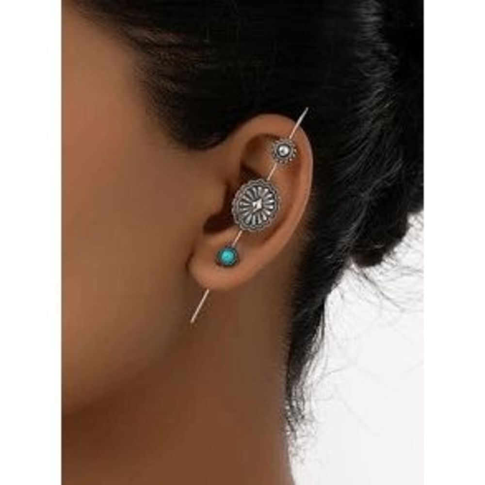 Western Silver Turquoise Concho Ear Crawler Hugger Pin Earring
